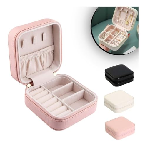 Porta Jóias de Couro com Forro de Veludo: Estojo Compacto e Resistente com Zíper para Viagem e Organizador Multifuncional Estilo e Segurança para Anéis, Pulseiras e Colares - NEXUS MARKET (ROSA)