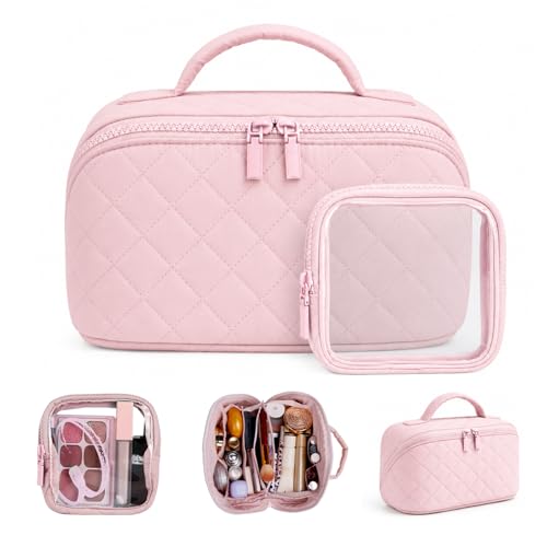 Image of Batfield Makeup Pouch Bag for Women, 2Pcs Waterproof Puffer Set with 180 Flat Open, Travel Large Capacity Makeup Bag for Women with Brush Compartment & Handle for Vacation, Business Trip (Pink)