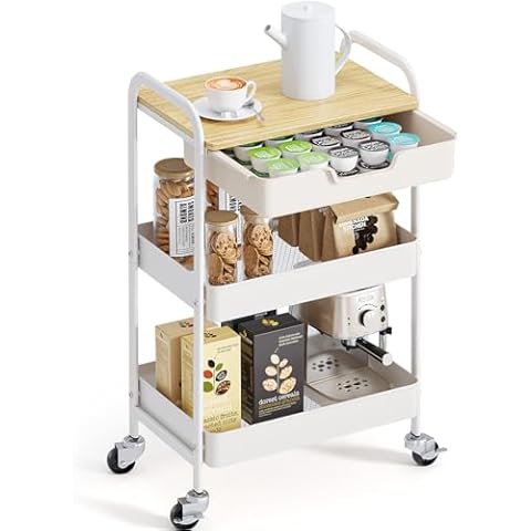 TOOLF 3-Tier Utility Rolling Cart with Wooden Board and Drawer Cover