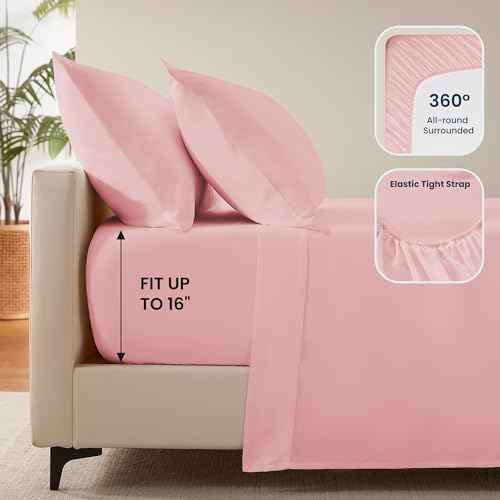 SLEEP ZONE Nanotex Super Soft Cooling Twin Bed Sheets Set for Kids 3 Piece - Easy Care Fitted Flat Sheet & Pillowcase Sets - Wrinkle Free, Fade Resistant, Deep Pocket 16" (Ballet Pink, Twin)