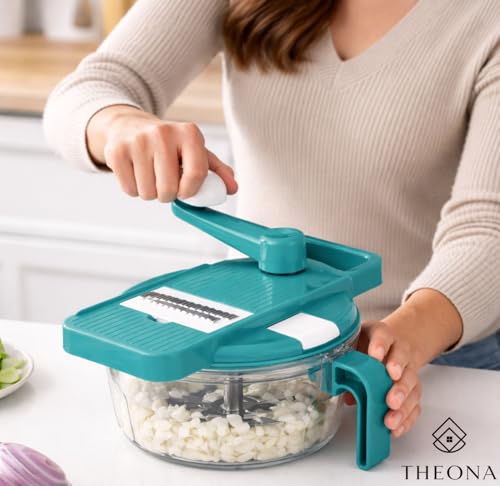 Image of THEONA 2 in 1 Vegetable Chopper with Grater, Slicer & Peeler | Manual Rotary Food Chopper with Container | Stainless Steel Blades for Onion, Carrot & Salad