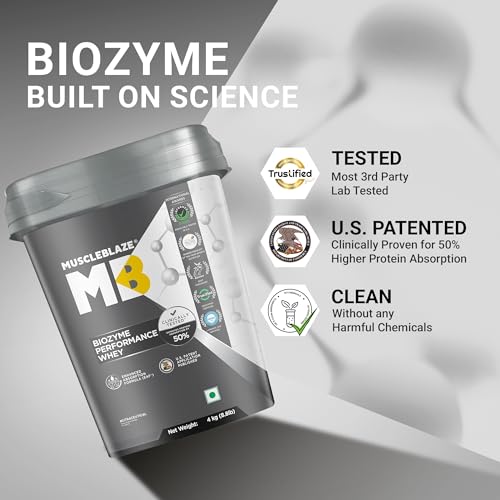 Image of MuscleBlaze Biozyme Performance Whey Protein Powder, Rich Chocolate (4kg / 8.8lbs) & Micronised Creatine Monohydrate CreAMP, Unflavoured (32 Servings, 100g) | Combo Pack