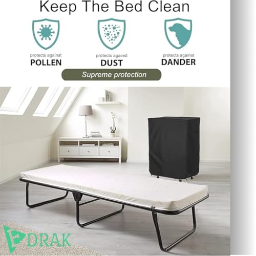 Image of EDRAK Rollway Foldable Metal Single Bed Cover | Lockable Bed with 6inch Mattress Dustproof Cover | Drawstring Handle | (Black)