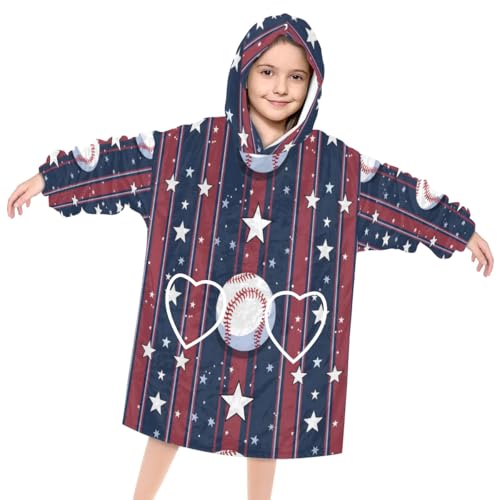 Pardick Wearable Blanket Hoodie for Kids, Star Baseball Fleece Sweatshirt Blanket Oversized Blanket Sweatshirt with Pocket Flannel Warm Hooded Blanket 6-10 Year Old Girl Boy Gift, One Size
