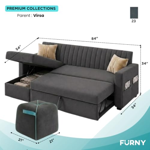 Image of CASASTYLE Kyagar 5 Seater LHS L Shape Sofa with Pull Out Bed, Storage Lounger & Suri Pouf Ottoman | Soft Velvet Suede Fabric | Comfort Cushions | Ideal for Living Room, Hotel & Office (Dark Grey)