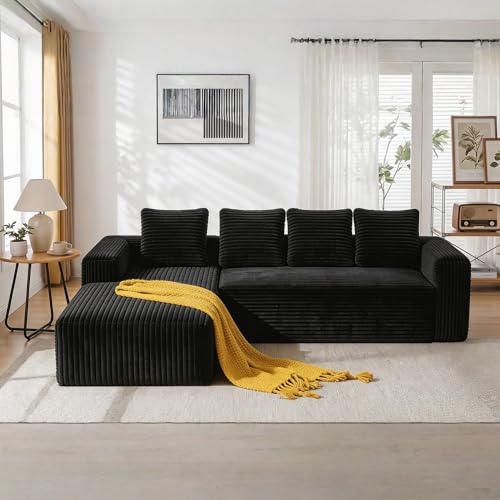 Lekvvied Sofá modular de 4 plazas, de pana, moderno, con chaise longue orientada a la derecha, para salón o dormitorio, no requiere montaje (B-negro)