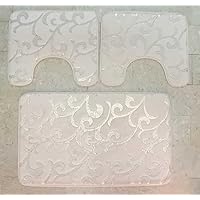 Set 3 Tappeti Bagno Memory Foam Antiscivolo - Completo Rettangolare, Giro WC E Bidet Con Motivo Decorativo - Foto 3