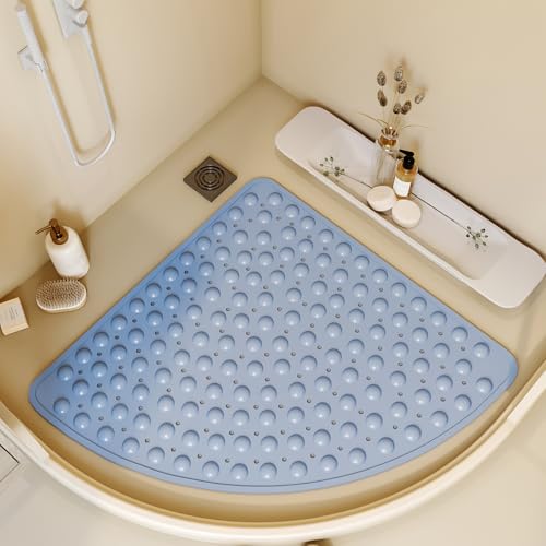 Alfombra Ducha Triangular 54x54cm,Alfombrilla Ducha Antideslizante con Ventosas y Orificios de Drenaje,Alfombra Ducha Antideslizante para Ducha y Bañera (Azúl)