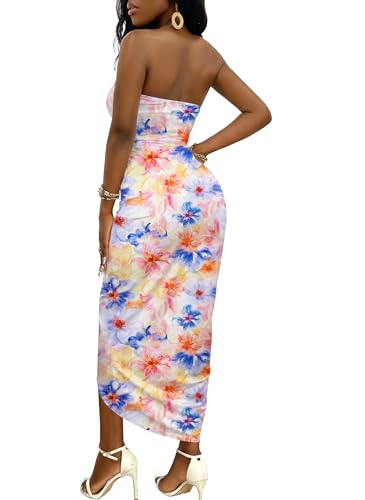 Image of Umenlele Women's Strapless Ruched High Waist Wrap Split Asymmetrical Beach Maxi Long Dress