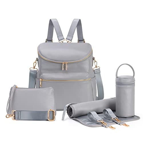 Image of Minsong Diaper Bag Backpack,Fashion Leather Mommy Backpacks,Travel Toddler Baby Diaper Bags with in Bag Organizer and Changing Pad (Dark Grey)