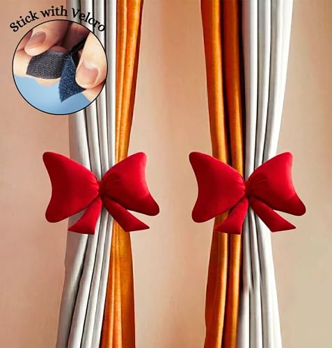 Image of Tickles 2 Pcs Bow Shape Soft Plush Toy Curtain Tiebacks Holder Clip for Children Living Room Decoration Accessories Window Curtain Decoration (Size: 15 cm Color: Red)