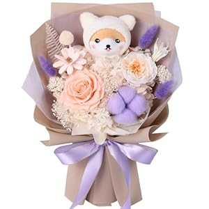 Forever Flowers Bouquet with Cute Doll – Preserved Flowers for Delivery, Real Eternal Roses Bouquet for Mothers, Mom, Girlfriend, Wife Anniversary Birthday Gifts for Women Men