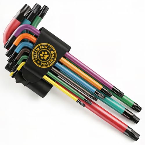 Yellow Paw Torx Wrench Set (9 Pack of Security Tamper Proof Keys) Color Coded in the Following Sizes - T10 T15 T20 T25 T27 T30 T40 T45 and T50