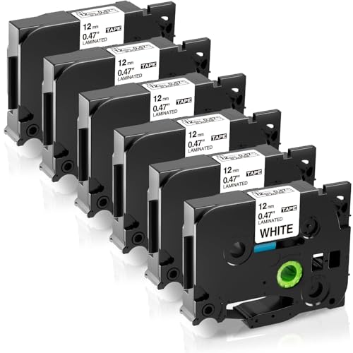 Fimax TZe-231 12mm Nastro per Etichette Compatibile con Brother P-touch Tze Tz231 laminated white Tape Cassetta 12mm per PT-H107 H105 H200 E110 H100R D210 1000 1010 1280 H110,6Pz Nastro Etichettatrice