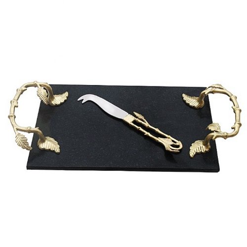 Sage Koncpt Bamboo Leaf Designer Cheese Platter and Knife - Set of 2 Pcs - Platter for Serving Wine, Cheese, Meat and More