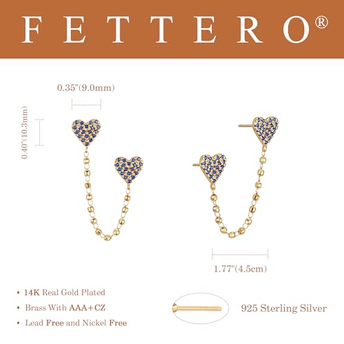 FETTERO Gold Chain Earrings for Women, 14K Gold Plated Hypoallergenic Earring for Multiple Piercing, Tassel Chain Heart Pendant Double Piercing Stud Earrings | Charm Gold Earring for Women