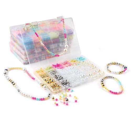 Image of ambitieux DIY Bracelet Making Kit - 24 Colorful Beads, 10m Elastic Thread, Jute Bag, and Cutter - Gift for Girls Birthdays (Pearl Beads)
