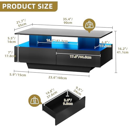 DWVO LED Coffee Table with Storage 4 Drawers, Modern High Glossy Coffee Tables for Living Room, Black Rectangle Coffee Table Small Center Table with Open Display Shelf & Sliding Drawers, Black