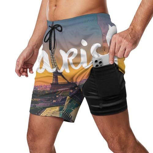 Eiffel Tower at Sunset Beach Shorts for Men Swim Trunks Quick Dry Swim Shorts with Compression Liner Pocket2