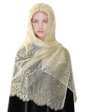 HHQ Lace Mantilla Catholic Church Chapel Veil Head Covering Latin Mass Rectangular Floral Scarf Long Wrap Shawl Christian (9254-WH)