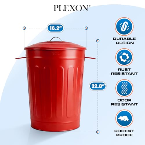 Image of Plexon Metal Trash Can with Lid 13 Gallon, Decorative Outdoor Trash Can Heavy Duty Galvanized Metal Bucket with Lid for Garage Workshop Storage Farmhouse, Red 3 Pack