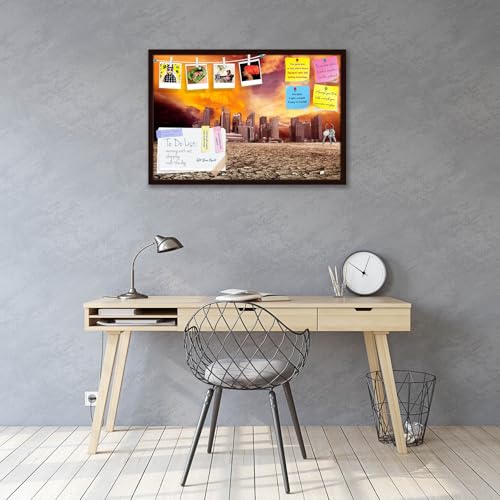 Image of ArtzFolio City Overlooking Desolate Desert | Bulletin Board Notice Pin Board | Vision Soft Board Combo with Thumb Push Pins & Sticky Notes | Dark Brown Frame | 18 x 12 inch (46 x 30 cms)