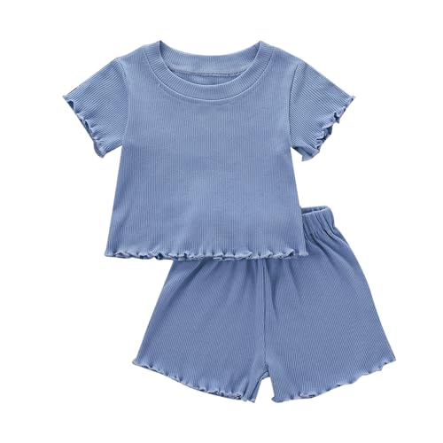 Image of Toddler Girl Clothes Summer Outfit Short Sleeve Shorts Set 12M-5T | Soft ribbed knit toddler girl outfit with breathable fabric, ruffle top, comfy shorts and stretchy fit for summer daily wear.