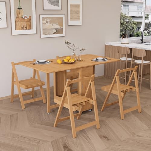 Bamboo Folding Dining Table Set for 4 with Foldable Chairs, Space-Saving Drop Leaf Table with Lockable Wheels, Multi-Functional Convertible Kitchen Table/Desk for Small Spaces & Apartments (Wood)