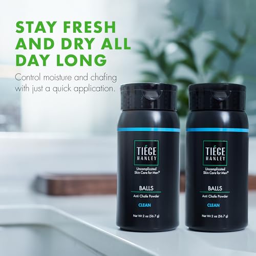 Image of Tiege Hanley Anti Chafe Powder for Men, Cooling Body Powder Deodorant for Foot, Thigh and Groin, Fresh Moisture Control With Eucalyptus and Spearmint, Clean Scent, Men's Skin Care, 2 Oz, 2 Pack