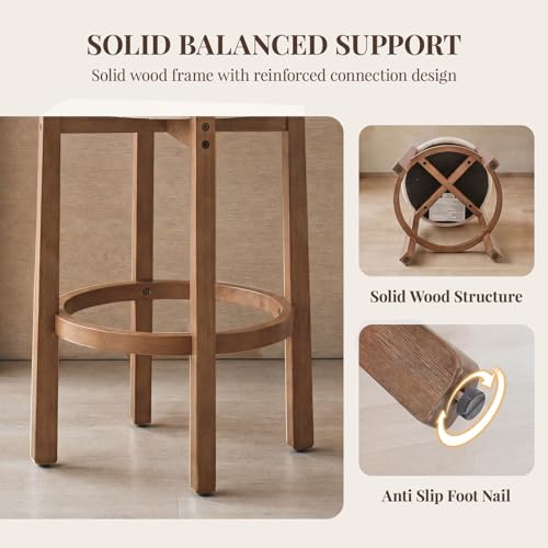 Image of LukeAlon Mid Century Linen Bar Stools Set of 2, 30.25 inch Seat Height Upholstered Barstools with Wood Legs Modern Tall Bar Chair with Curved Low Back Round Footrest for Pub Home Kitchen Island, Beige