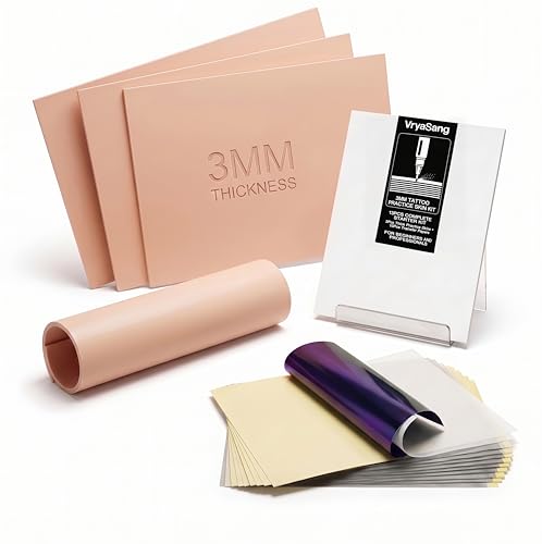 VryaSang Premium 3MM Double-Sided Tattoo Practice Skin Kit 13PCS - 3 Thick Blank Fake Skins & 10 Stencil Transfer Papers for Beginners & Pro Artists Tattoo Supplies