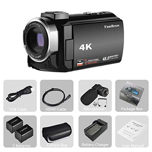 FamBrow 4K Video Camera Camcorder Ultra HD WiFi YouTube Vlogging Camera 48MP 3.0 Inches IPS Touch Screen 16X Digital Zoom IR Night Vision Beginner Camcorder with External Microphone Remote Control