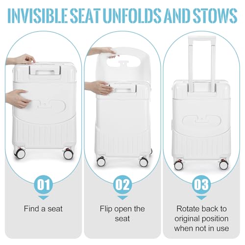 Image of 22 Inch Carry on Luggage with Seat for Kids Expandable Ride on Suitcase with Spinner Wheels and Locks for Travel (Black), White, 20 Inch