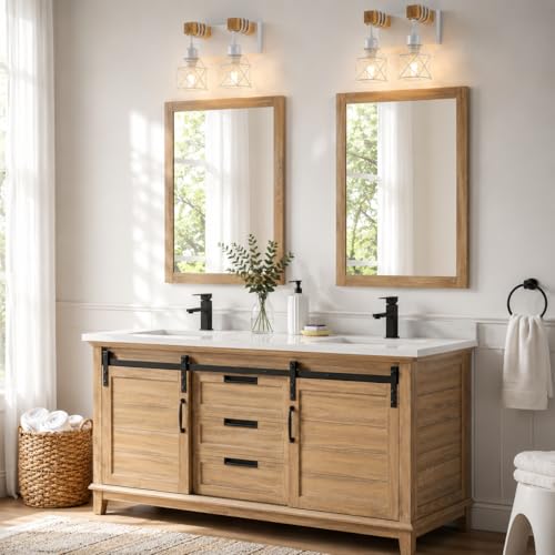 Image of Farmhouse Vanity Light Fixture,2-Light Bathroom Lighting,White Modern Wood Wall Light Over Mirror with Metal Shade