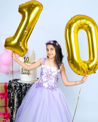 Image of Gold Number 10 Balloon 40 inch, 10 Number Balloons, 10th Gold Birthday Decorations, 10 Year Old Golden Party Supplies
