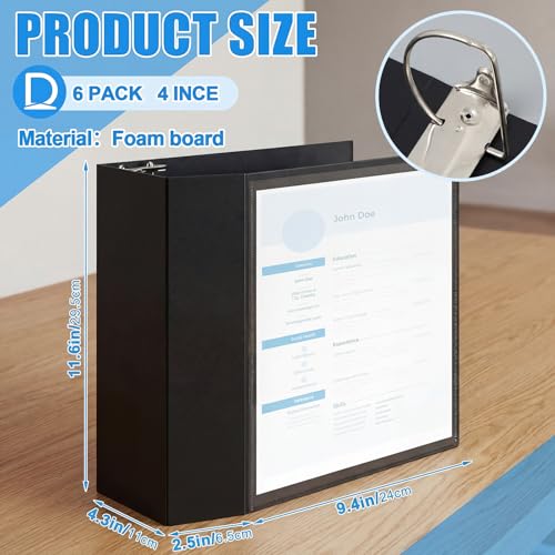 Image of Henoyso 6 Pack 4 Inch D-Ring 3 Ring Binders with Clear Pocket, Heavy Duty Large Capacity Binder with Inside Pockets for Standard Pages 8.5 x 11, Presentation Binder for Office School(Black)