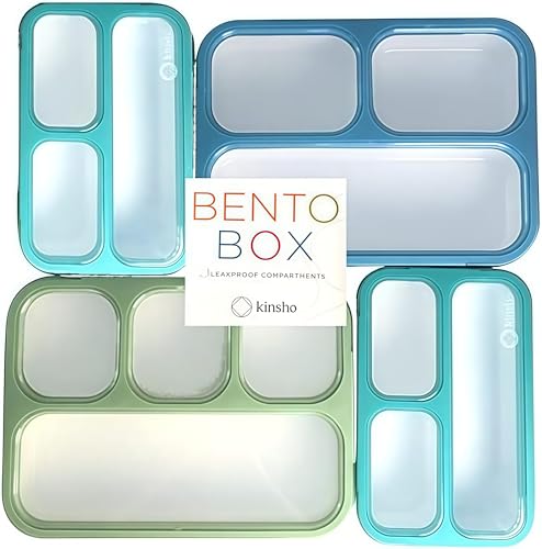 Image of kinsho Bento-Box Lunch and Snack Boxes. Family Pack of 4 Meal Planning Portion Containers for Kids, Women, Adults. BPA Free. Utensils, Blue & Green Set (2 Large + 2 Small)