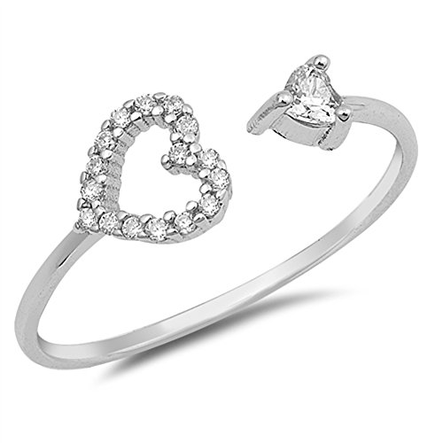 Open Adjustable Heart Clear CZ Promise Ring .925 Sterling Silver Band Sizes 4-10