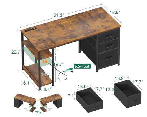 Image of AODK 51 Inch Computer Desk with Drawers & USB Power Outlets, Reversible Home Office Desk with Storage Shelves, Work from Home, Modern Work /Writing /Study Table for Bedroom, Vintage