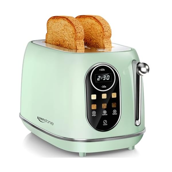  Keenstone-Smart-Touch-Screen-Toaster-2-Slice-Retro-Wide-Slot-Stainless-Steel-Toaster-with-6-Browning-Levels-Reheat-Defrost-for-Bagel-Toast-Bread-Removable-Crumb-Tray-Green