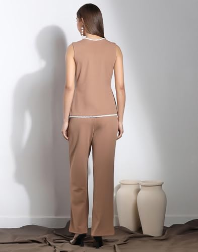 Image of Selvia Women's Sleeveless Button West Top with Straight Pants, Chic Formal Co-Ord Set
