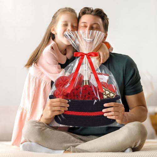 Image of Colingmill 1 Set Woven Basket for Gift Empty with Cellophane Wrap Set 14 x 10 x 5.5 Inch, Medium Decorative Gift Basket Empty to Fill, Cotton Rope Storage Box Decor (Black Red)