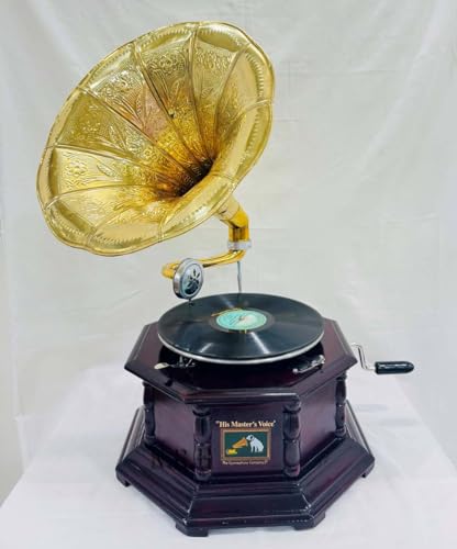 Réplica de gramófono de aspecto antiguo, tocadiscos de gramófono vintage, base de madera con tallas florales, altavoz de cuerno dorado (2 niveles con gramófono marrón oscuro de 8 pilas)