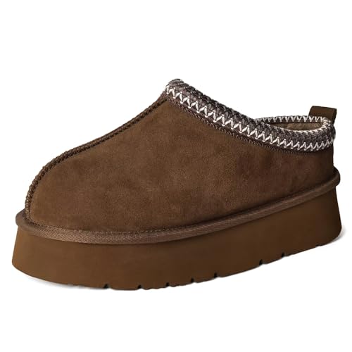 OOW Genuine Suede Platform Slippers for Women with Memory Foam Fuzzy House Shoes for Indoor Outdoor