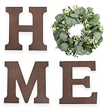 Wooden Home Sign Wall Hanging Decor - Wood Letters for Wall Art with Artificial Eucalyptus Wreath...