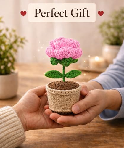 Image of Handcrafted Crochet Flower Pot | 7 Inch Handmade Wool Flower Plant | Premium Soft Yarn Decor | Cute Desk & Home Decoration | Unique Gift for Birthday, Anniversary & Valentine (Pink Rose)