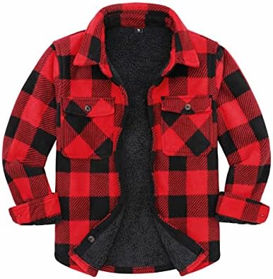 ThCreasa Boys Buffalo Plaid Button Down Flannel Shirt Warm Sherpa Lined Shirt Jackets Red M(7-8)