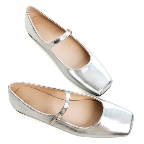 TN TANGNEST Leather Flats for Women Comfortable Square Toe Slip On Flats Soft Work Flats Retro Mary Jane Flats Silver 43(10) 22