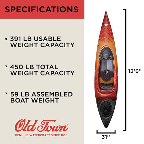 Old Town Loon 126 Solo Sit-Inside Recreational Paddle Kayak, 12 ft 6 in, Lava