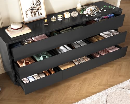 Image of TEENFON 63 inch Dresser for Bedroom with 9 Drawers, Black Dresser with Metal Slide, Bedroom Dressers, Wood Dressers & Chests of Drawers for Bedroom, Hallway, Black